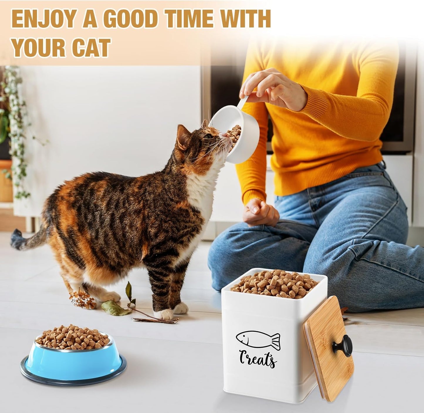 Metal Airtight Cat Food Containers Set of 3 with Bamboo Lids and Spoon 7+3+2 Lbs Cat Treat Storage Container Countertop with DIY Labels Pet Cookie Organizer Jars for Kitchen Counter(White)
