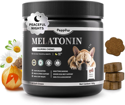 Melatonin for Dogs, Calming Chews with Valerian Root & L-Theanine for Sleep Aid & Emotional Support, Calming Treats for Stress Anxiety Relief - Thunder, Fireworks, Barking, Bacon Flavor, 60Ct