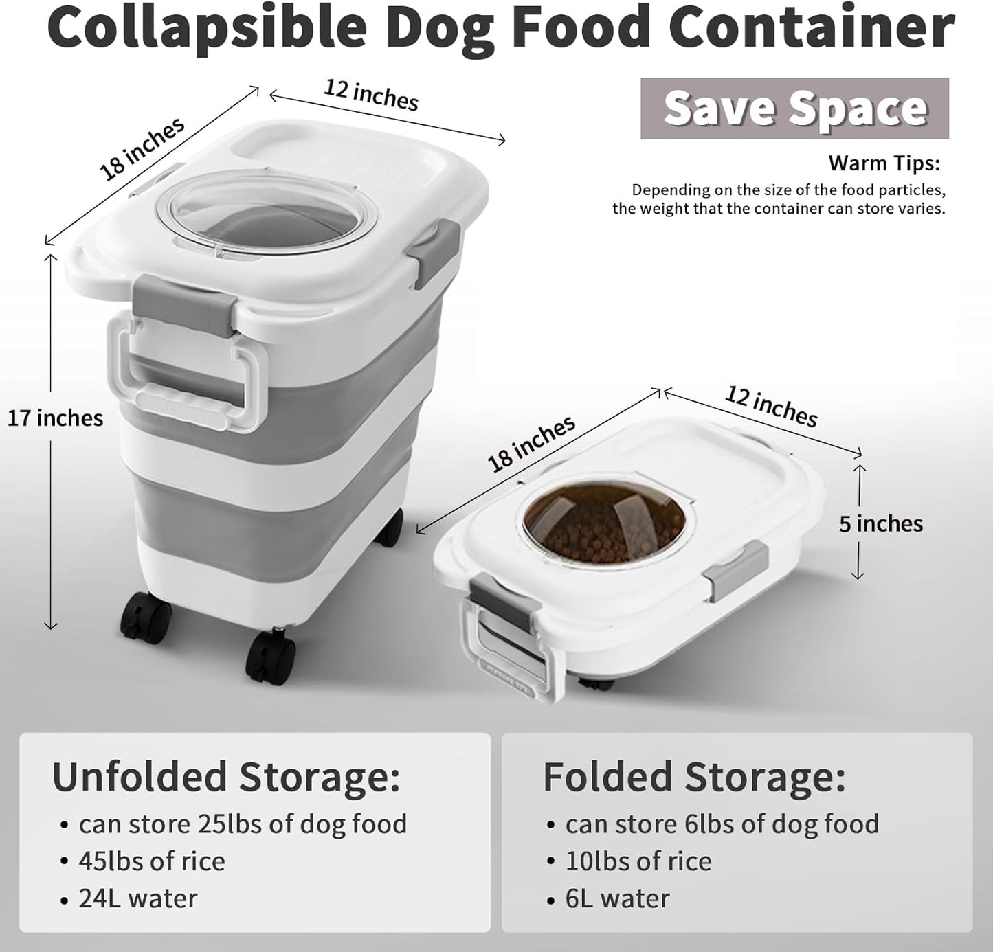 25 Lbs Dog Food Storage Container 2PCS, Collapsible Dog Food Container with Scoop for Pet/Dog/Cat/Bird Food,Keep Dry Food Fresh,Easy to Move(Black & White)