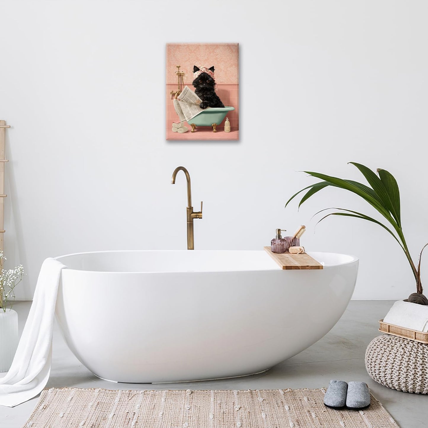 Cat Bathroom Wall Decor Black Cat Reading Newspaper in Bathtub Canvas Wall Art Funny Bathroom Pictures Kitten Painting Print Pink Artwork Framed Decorations Gifts 12"x16"
