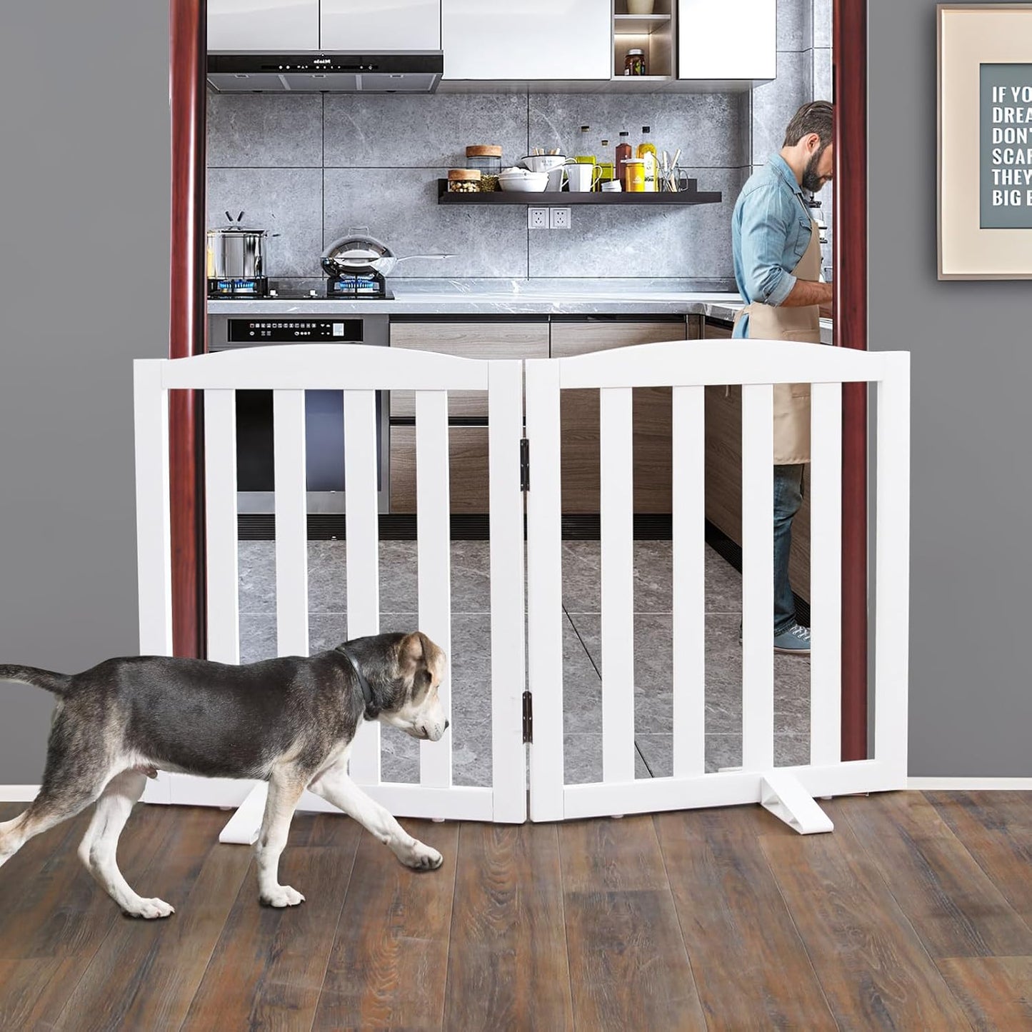 ZJSF Foldable Freestanding Indoor Dog Gate for House Wood White Long Pet Gates Dog Fence for Stairs Puppy Gates for Hallways,Pet Fence, Puppy Gate,Support Feet Included 32 "Height-2 Panels
