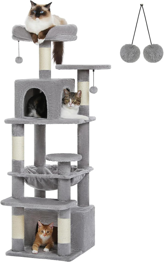 PAWZ Road Cat Tree, 53.5 Inches Tall Cat Tower with Spacious Hammocks, Condos and Scratching Posts, Cat House with Dual Padded Perches for Indoor Large Cats-Gray