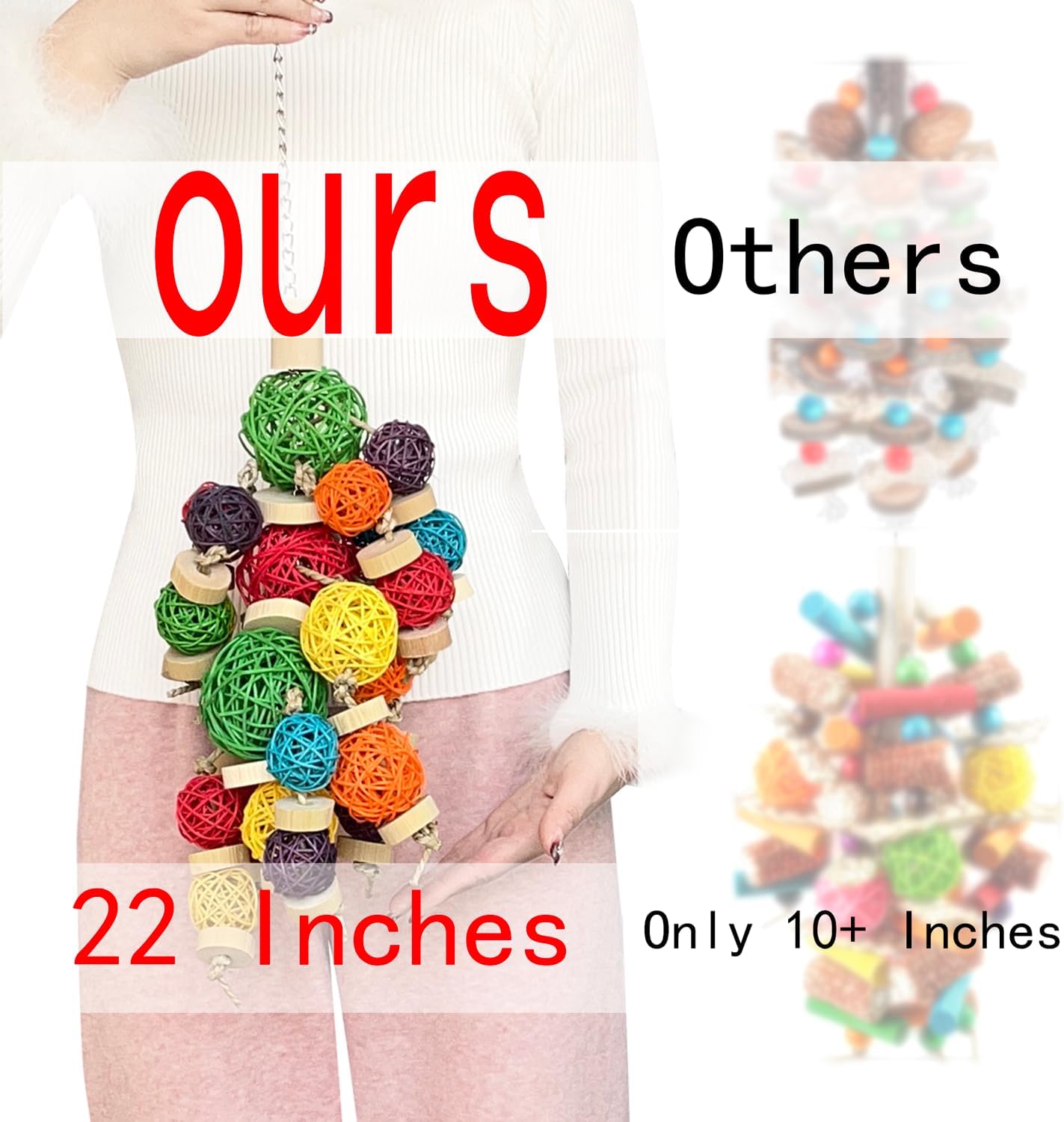 LUCKITTY 22" Bird Toys for Large Parrots - Natural Wood, Rattan Ball & Corn Cob Chewing Toys with Edible Colors | Safe for Macaw, Cockatoo, Conures | Cage Hanging Enrichment Accessories