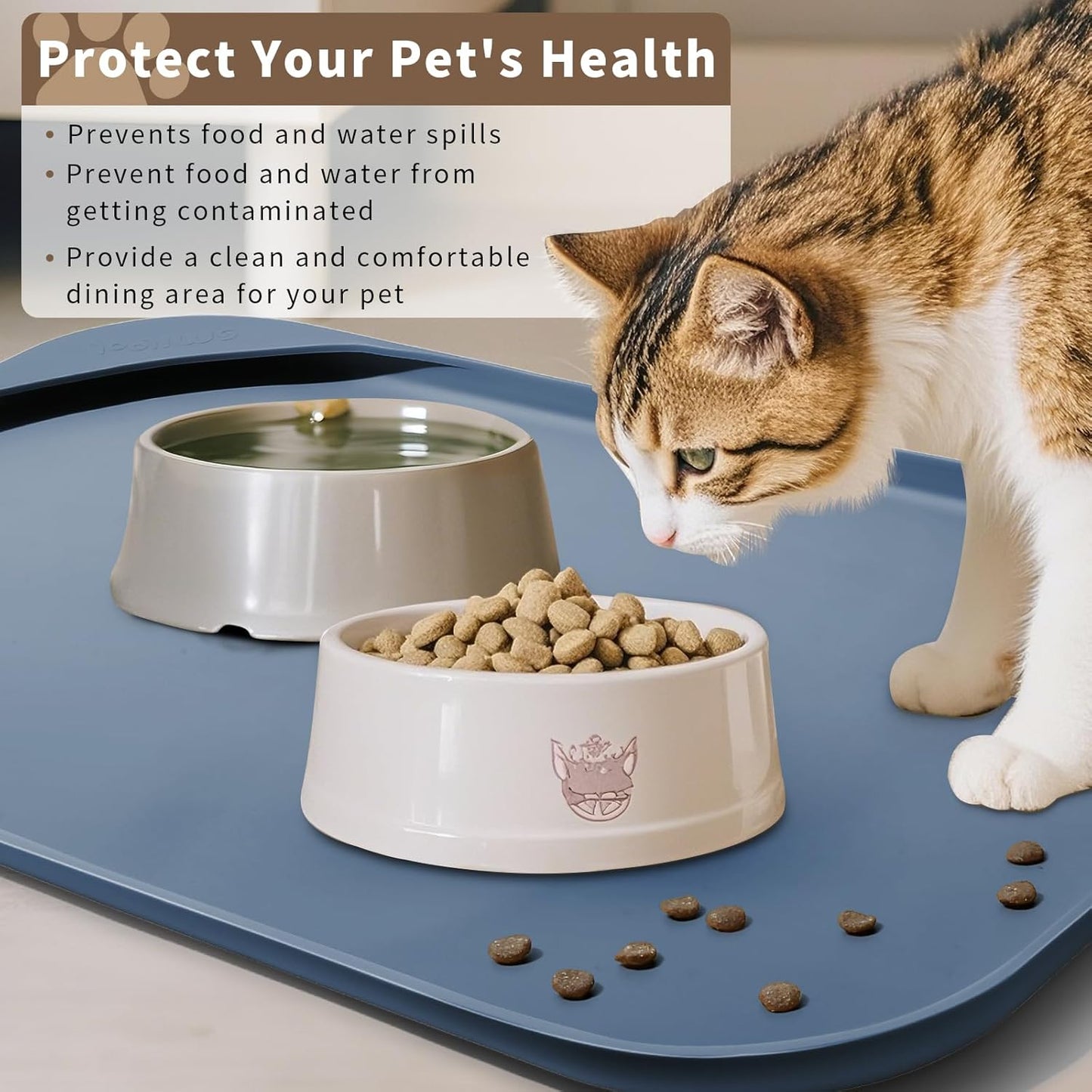 Silicone Pet Feeding Mat with Raised Edge & Residue Collection Pocket for Food and Water, Dog Bowl Mats, Cat Bowls Placemat with High Lip for Floor Waterproof, 24 x 16 x 0.8 Slate Blue