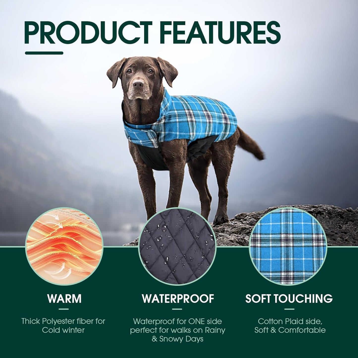 Kuoser Warm Dog Coat, Waterproof Dog Jacket for Extra Large Dogs, Adjustable Durable XXL Doggie Winter Coat Reversible Puppy Cold Weather Apparel from Small to Large Breed, Blue XXL