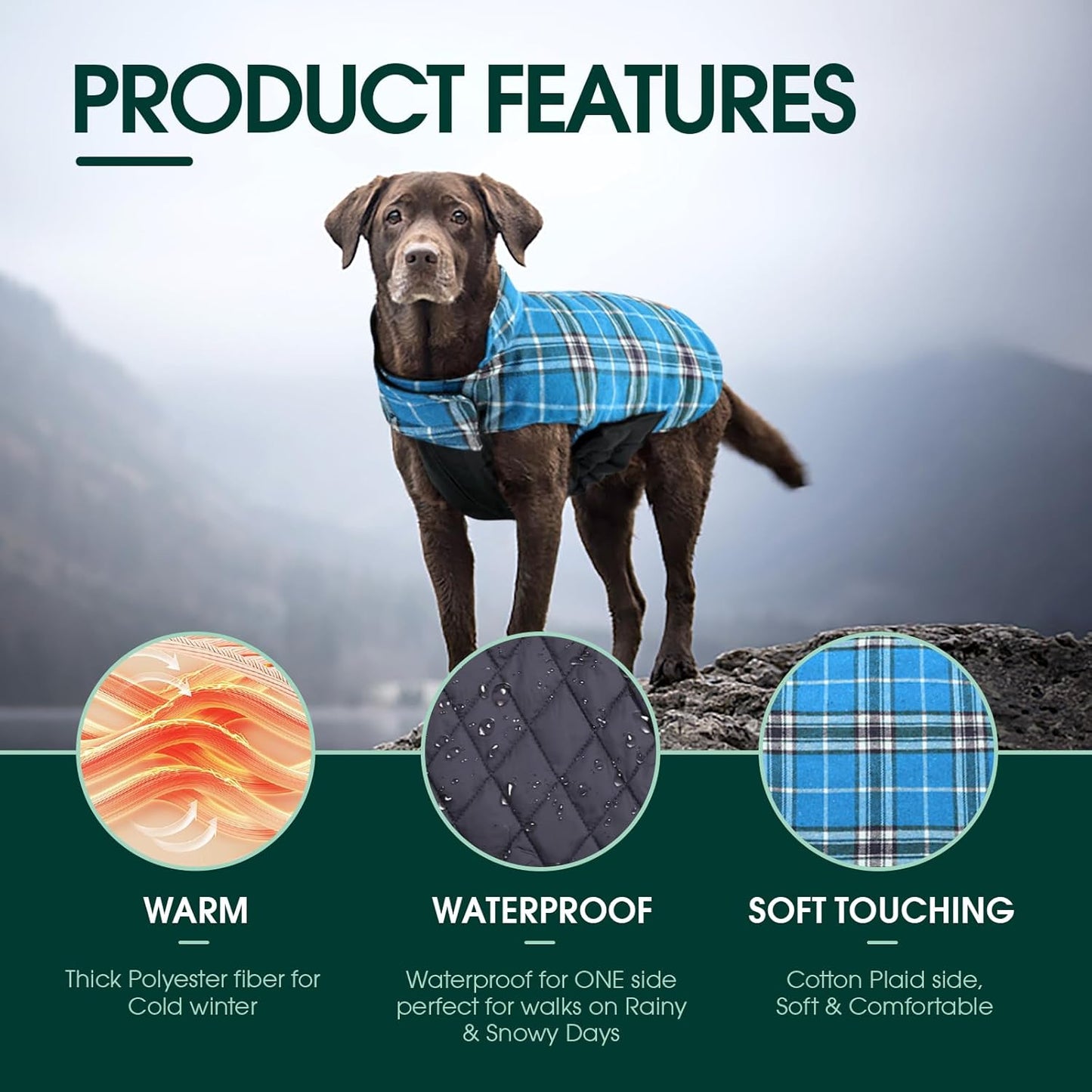 Kuoser Waterproof Dog Coat, Reversible Dog Jacket for Medium Dogs, Adjustable Durable Doggie Winter Coat Warm Puppy Cold Weather Apparel from Small to Large Breed, Blue M