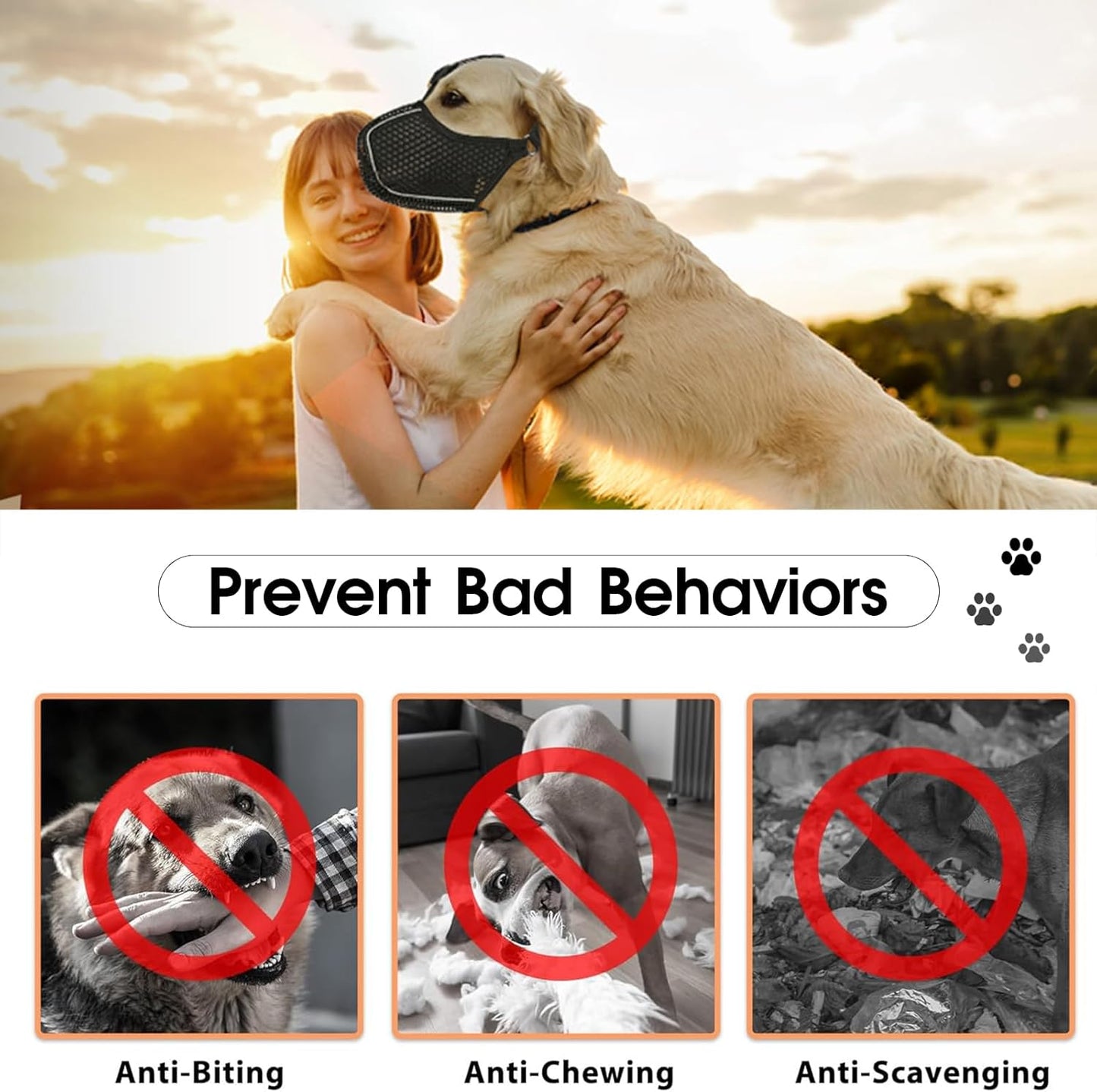 Dog Muzzle, Mesh Soft Muzzle for Small Medium Large Sized Dogs, Breathable Adjustable Puppy Muzzles for Scavenging Biting Licking and Chewing, Allows Panting and Drinking (Reflective Mesh, L)