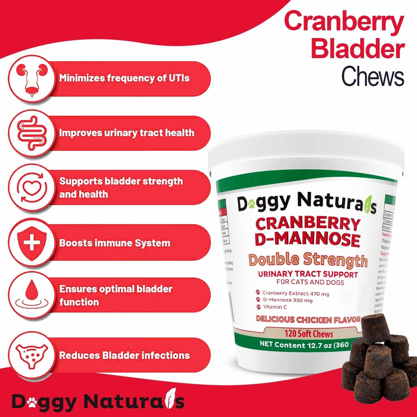 Cranberry D-Mannose for Dogs and Cats Urinary Tract Infection Support Prevents and Eliminates UTI, Bladder Infection Kidney Support 11.4 oz (Double Strength Soft Chew, 120 Soft Chew)