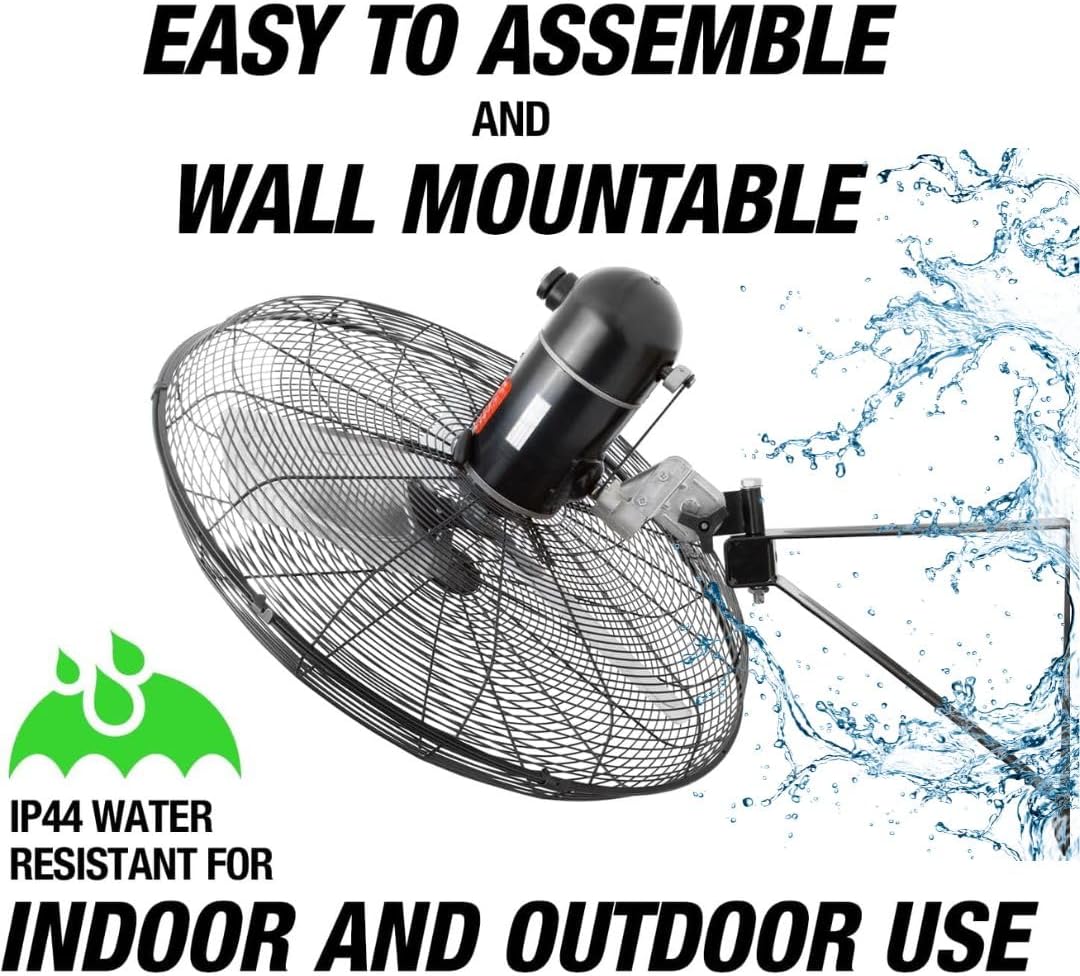 OEMTOOLS 30" Outdoor Wall Mount Fan, 80° Oscillating Fan 7200 CFM Max, Water Resistant, Use in Garage, Gym, Warehouse, Factory and Jobsite
