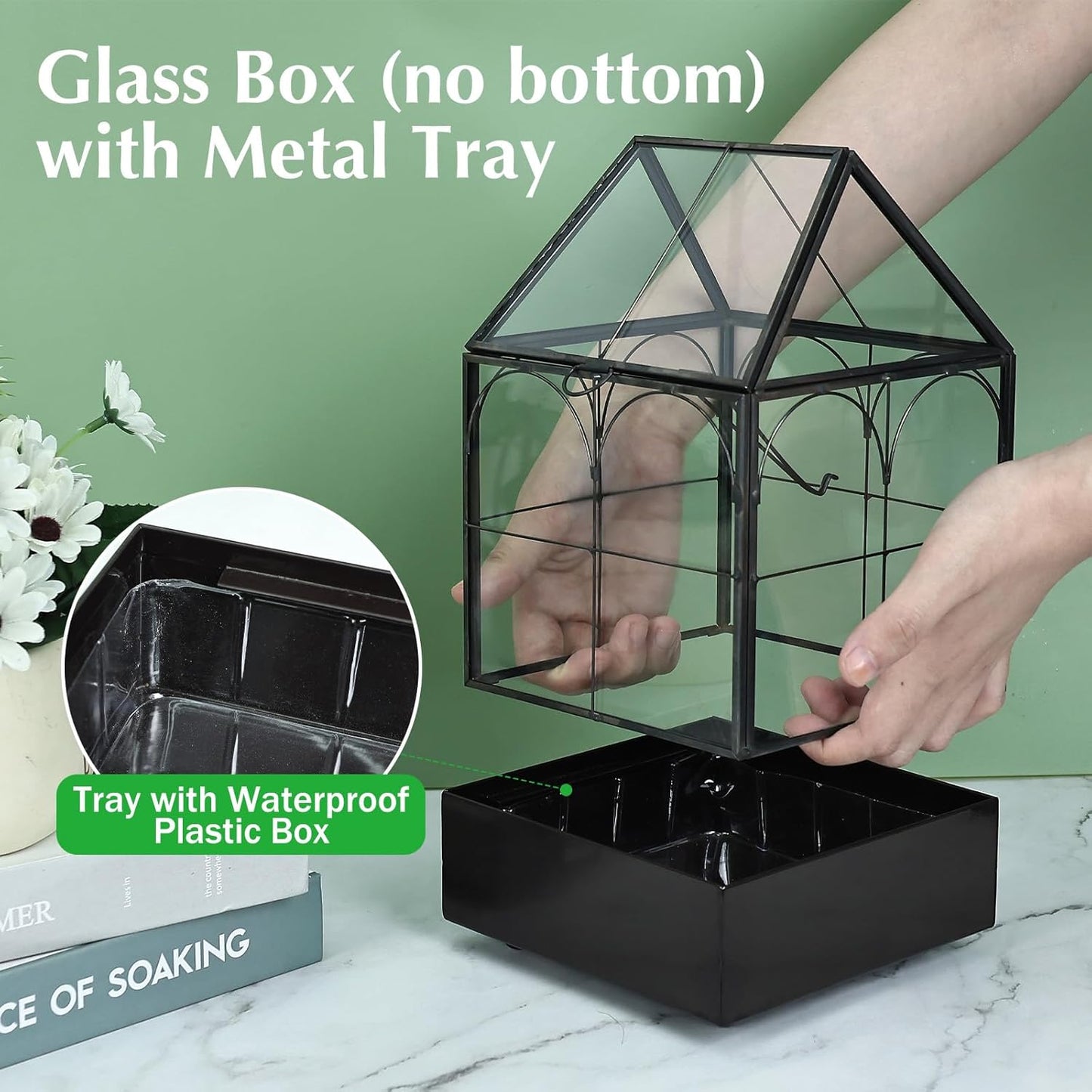 HighFree Glass Terrarium with Metal Tray, Glass Greenhouse Terrarium Kit for Succulents, Cacti, Snails, Spiders, and Miniature Reptiles, Black (Small-5.9" L x 5.9" W x 10.2" H)