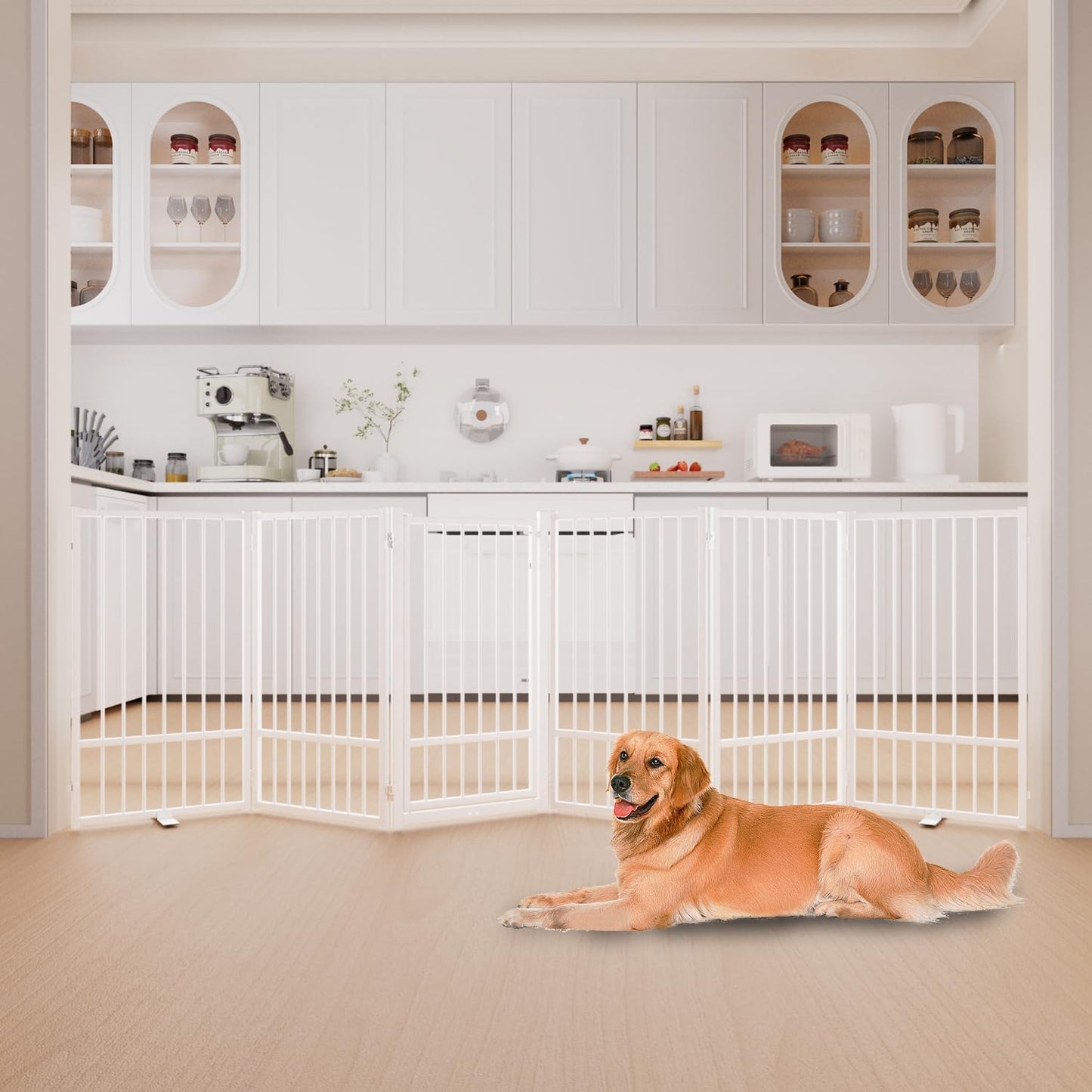 Full Metal Freestanding Dog Gate with Door, 36''Height Foldable Pet Dog Fence for Indoor & Outdoor, 6 Panels Extra Wide Free Standing TallDog Gates for Doorways,House,Stairs,Porch,Deck,Yard