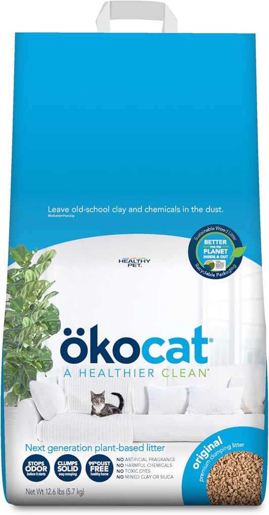 ökocat Original Wood Clumping Cat Litter, Unscented, 12.6 pounds - Natural Ingredients, Stops Odor, Clumps Solid, 99% Dust Free, Great for All Cats