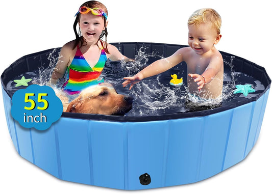 Foldable Dog Pool, 55" x 12" Kiddie Pool with Hard Plastic, Non-Slip Dog Bath Tub for Outdoor Backyard, Collapsible Dog Swimming Pool for Kids Dogs Pets (Blue)