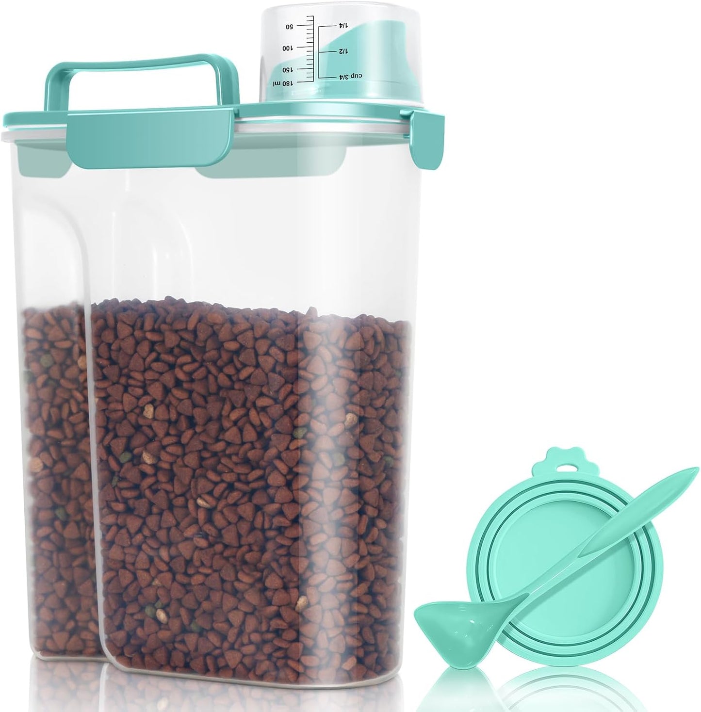 Pet Dog Cat Food Storage Container 5 to 7 lbs with Can Cover and Mixing Spoon, Airtight Travel Pet Food Storage Dispenser with Easy-pouring Spout & Cup, Kibble Dog Treat Bird Seed Container -Cyan