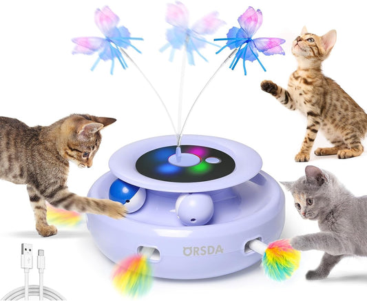 ORSDA Cat Toy, 3-in-1 Automatic Interactive Electronic Moving Ambush Feather, Fluttering Butterfly, Track Balls, USB Rechargeable Powered Smart Indoor Exercise Kicker