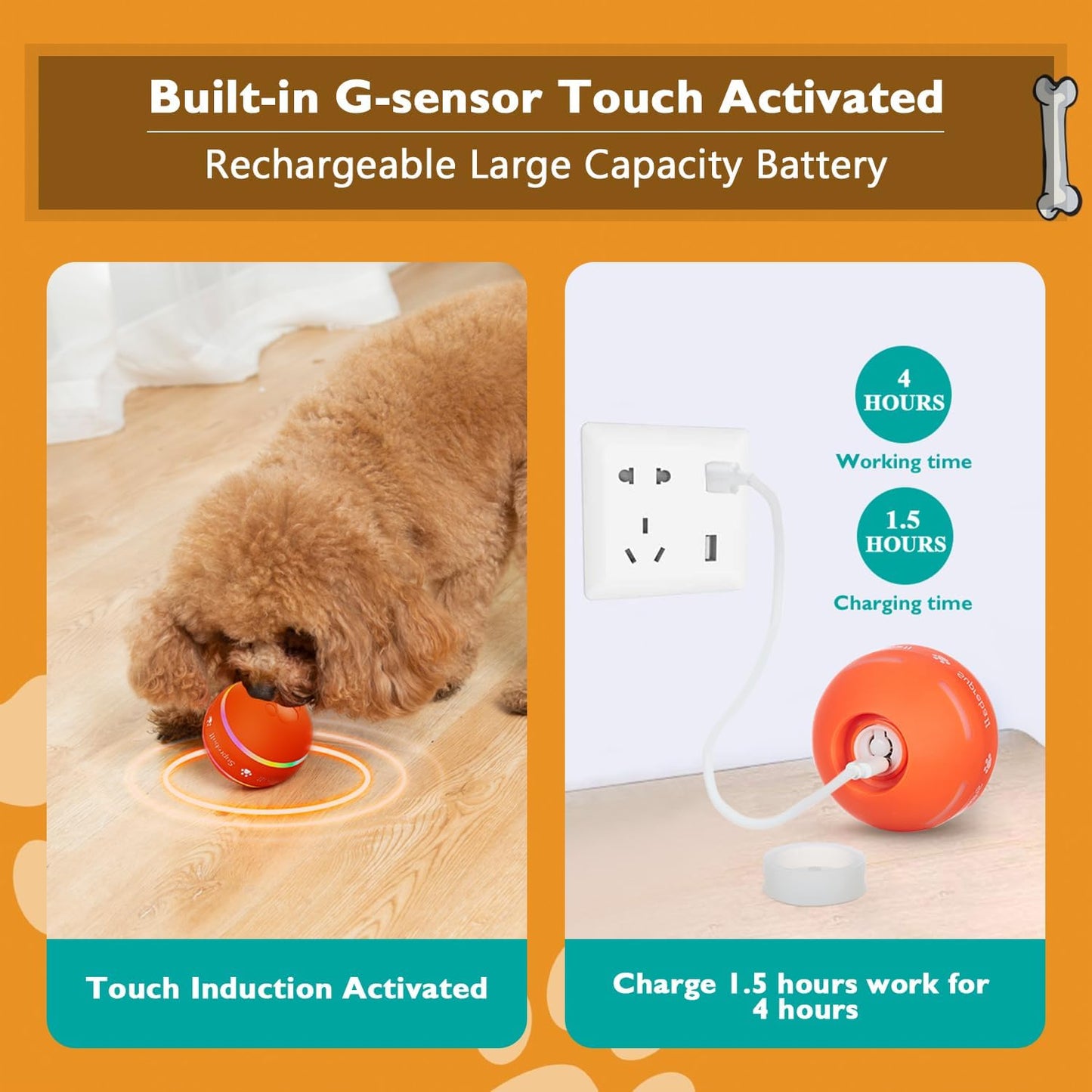 PetDroid Interactive Dog Toys Dog Ball,[2025 Newly Upgraded] Durable Motion Activated Automatic Rolling Ball Toys for/Small/Medium/Large Dogs,USB Rechargeable(Orange)