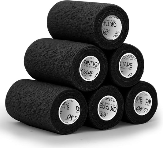 OK TAPE Self Adherent Cohesive Bandages Wrap - 6Packs, 4" x 5 Yards, Non-Woven Self Adhesive Bandage Wrap for Thumb, Finger, Wrist, Ankle, Vet Wrap Bandages Tape (Black)