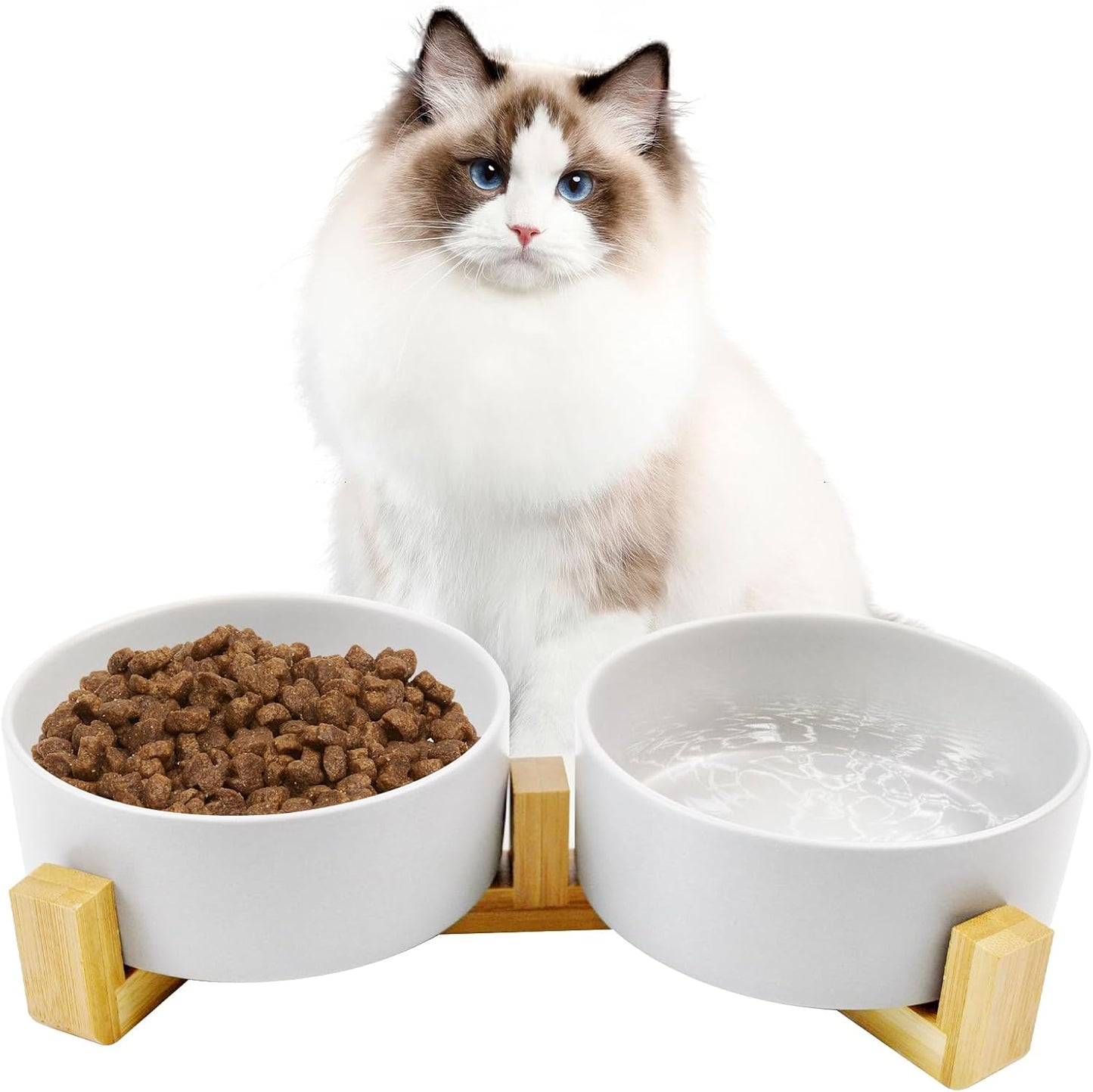 Ceramic Cat Bowls with Bamboo Stand,Non-Slip Small Dog Food and Water Bowl Set Non-Spill Cats Feeder Dish Modern Cute Weighted Cat Dishes for Small Dogs Puppy Cats Kitten(White)