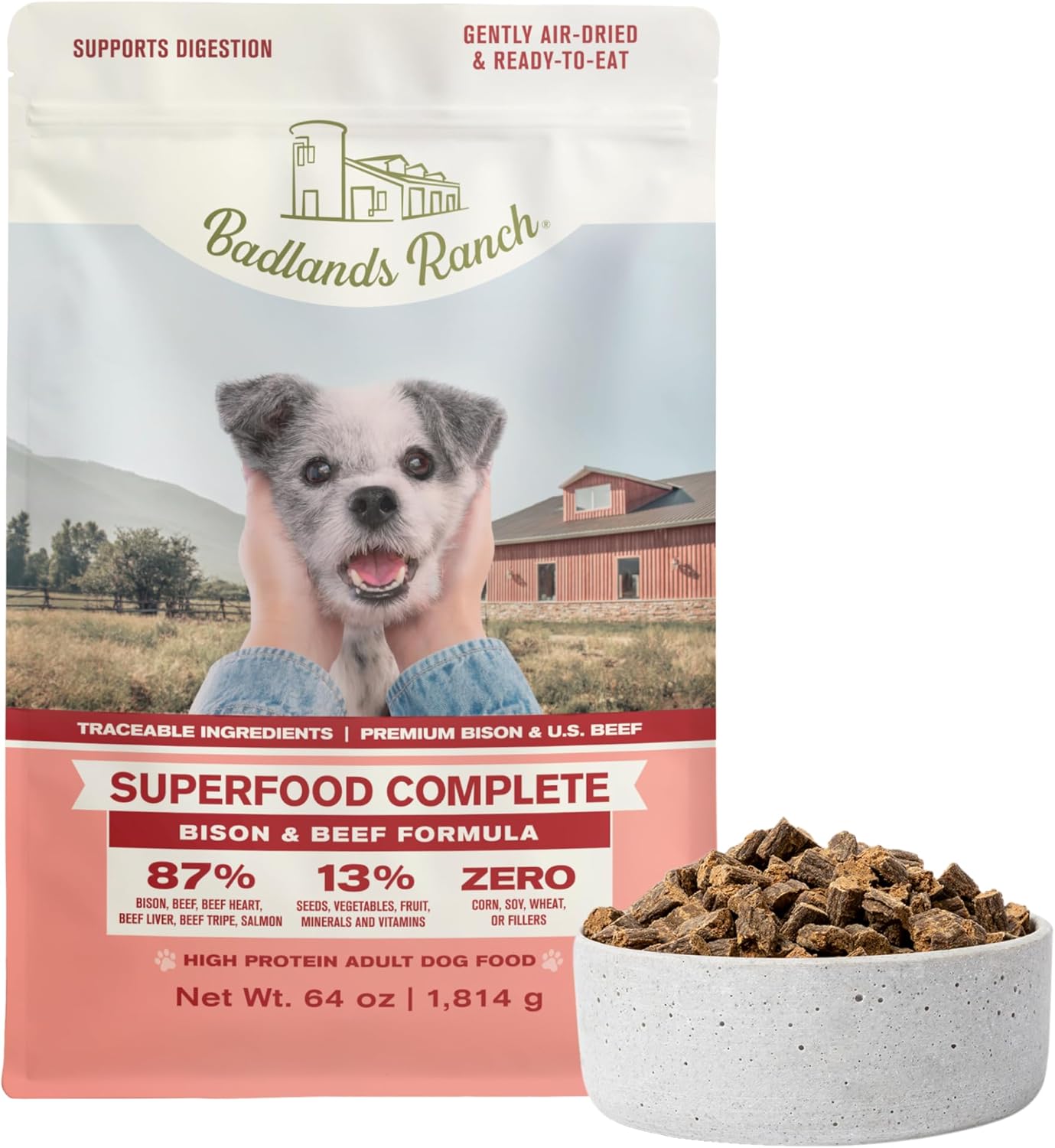 BADLANDS RANCH - Superfood Complete, Air-Dried Adult Dog Food - High Protein, Zero Fillers, Superfood Nutrition by Katherine Heigl (64 oz, Beef & Bison Formula)