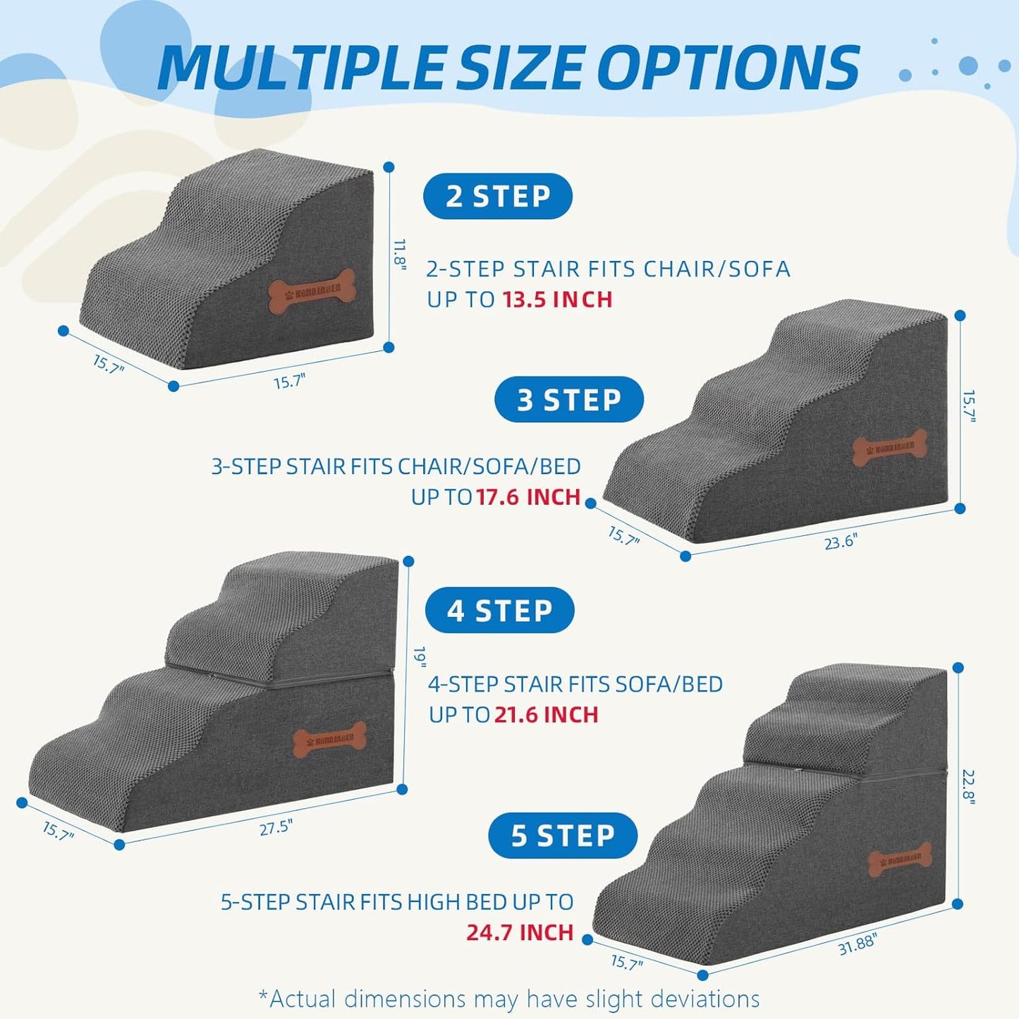 Dog Stairs 3-Step for Small Dogs and Cats to Get on Bed and Furniture/Windows, Pets Can Climb, Sit, or Perch to Look Out Windows, Extra Wide Dog Steps, Non-Slip Waterproof Fabric Cover, Grey（15.7" H）