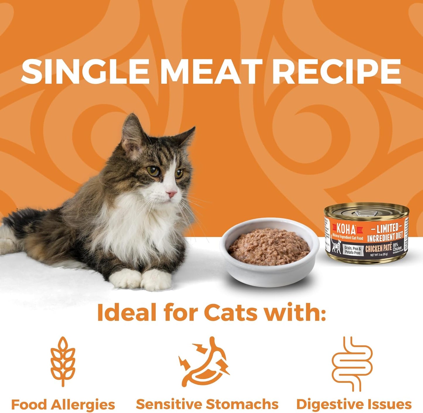 KOHA Limited Ingredient Diet Chicken Pate for Cats - Single Meat Wet Cat Food for Sensitive Stomachs - Pate Cat Food with No Fillers - 3oz Pack of 24