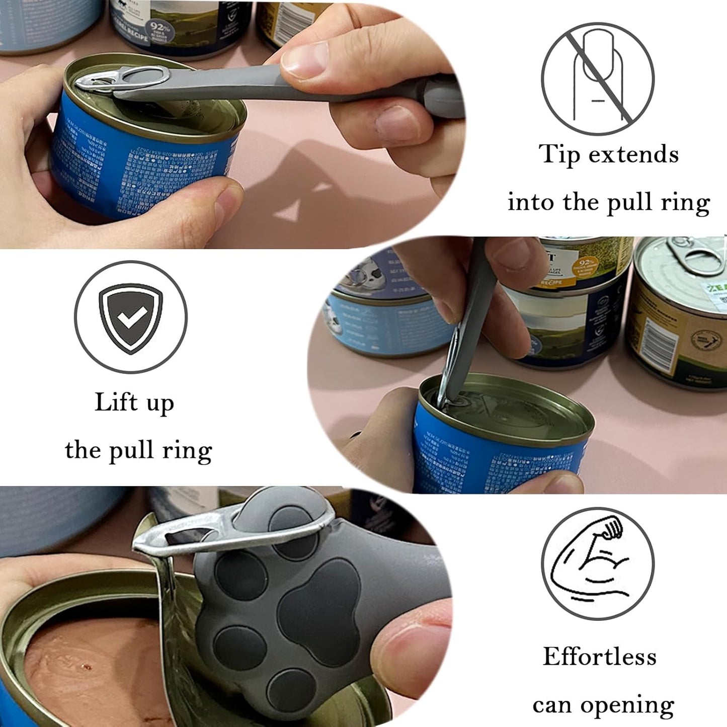 3 Pcs Cat Food Can Covers & One Can Opener | Cute Paw Shape Can Covers and Opener Spatula Cat Wet Food Spoon | Universal BPA Free Silicone Can Food Spoon & Covers for Dog Cat Cans(Grey)