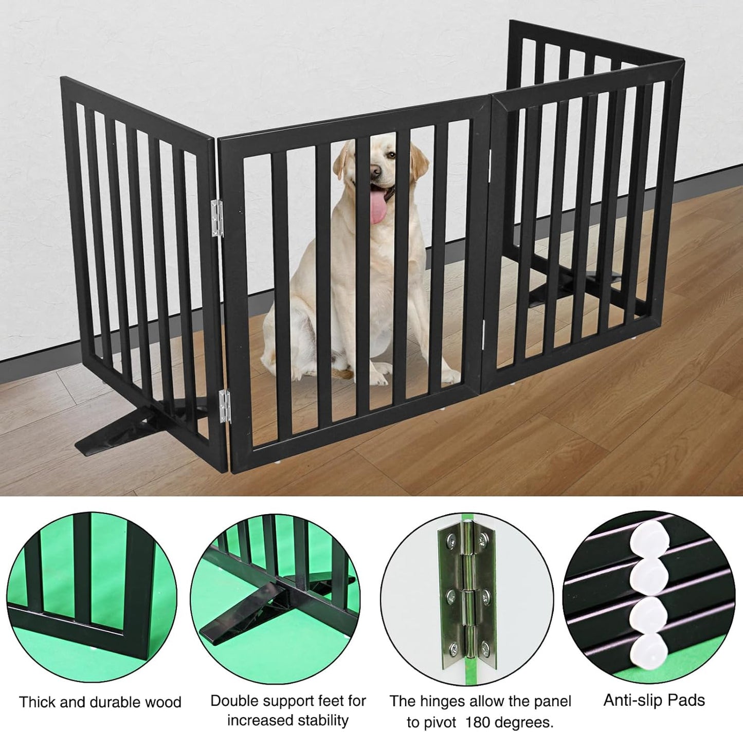 ZJSF Freestanding Indoor Dog Gate for House Foldable Wood Puppy Gate for Doorways Pet Gate for Stairs Extra Wide Pet Fence, Black, 32" Height 4 Panels
