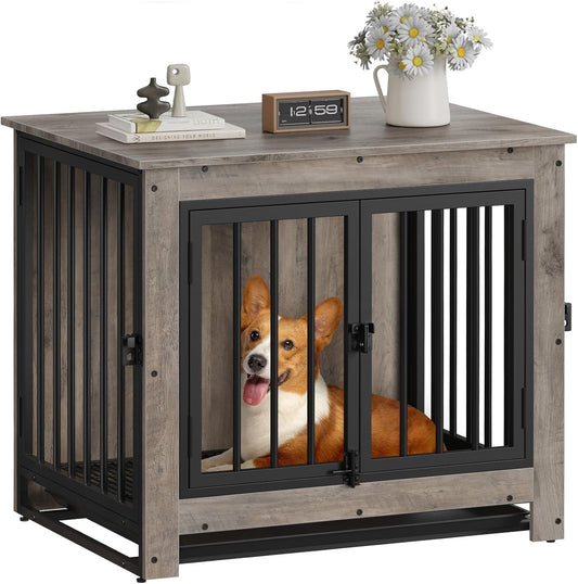 Dog Crate Furniture, Dog Crate End Table for Small and Medium Dogs,Wooden Cage Kennel Furniture Indoor, Modern Dog Crate with Multi-Purpose Removable Tray, Double-Doors Dog Furniture, Greige