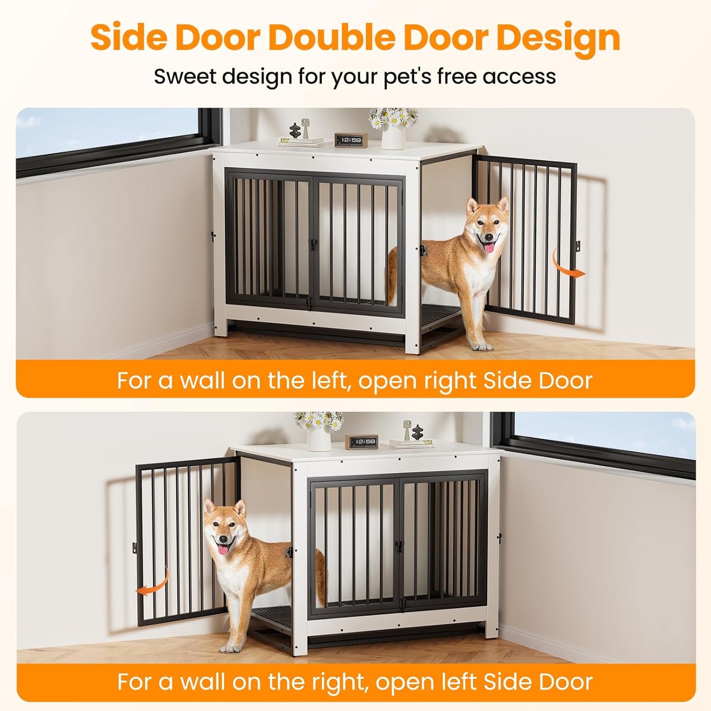 Dog Crate Furniture, Dog Crate End Table for Medium and Large Dogs,Wooden Cage Kennel Furniture Indoor, Modern Dog Crate with Multi-Purpose Removable Tray, Double-Doors Dog Furniture, White