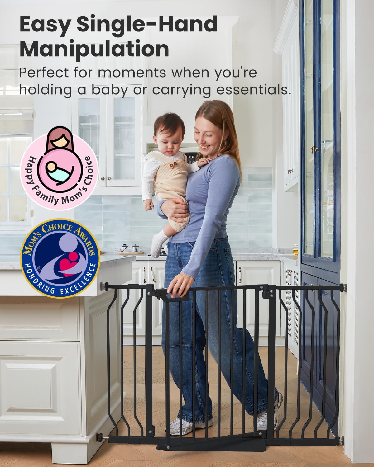 Mom's Choice-GROWNSY Baby Gate for Stairs, 29.5"-48.4" Pressure Mounted Baby Gate for Top of Stair&Doorway with Y-Spindle Rods, Anti-Trip Pedal, Wide Stairs Dog Gate Easy Install w/Red Reminder,Black