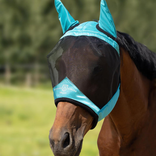 Harrison Howard Pro Luminous Horse Half Face Fly Mask Large Eye Space with Ears UV Protection for Horse Teal M