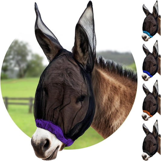 Donkey Fly Mask with Long Ears (Purple) Made in USA - Mule Fly Mask with Ears Protection from Insects and Bugs, Mini Donkey Soft Mesh Fabric with Adjustable Fastener, Face Cover Supplies for Donkeys