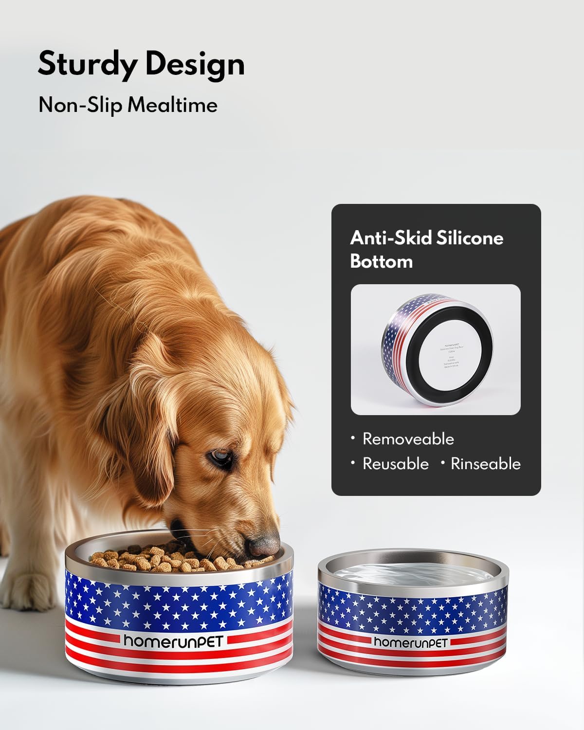 Homerunpet Double Wall Stainless Steel Dog Bowls, Non-Slip Base, Dishwasher Safe, Durable Pet Food & Water Bowl for Dogs & Cats(32oz, American Flag)