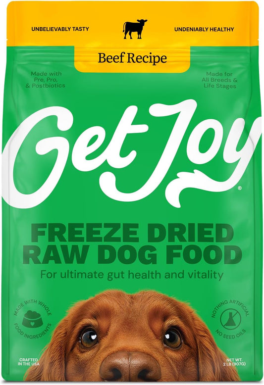 Get Joy Gut Health Fresh Freeze Dried Raw Meal, Beef Recipe, 32 Ounce Bag, Dog Food for Dogs of All Breeds and Life Stages, PhD Animal Nutritionist Formulated, USDA Beef, Made in USA