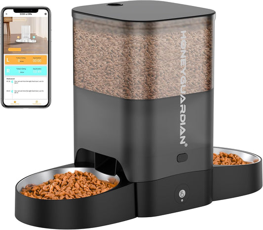 HoneyGuaridan Automatic Cat Feeder for Two Cats, 5G WiFi Smart Feed Pet Feeder with Stainless Steel Bowl,APP Control Dispenser, Dual Power Supply,Desiccant Bag,10s Meal Call Black