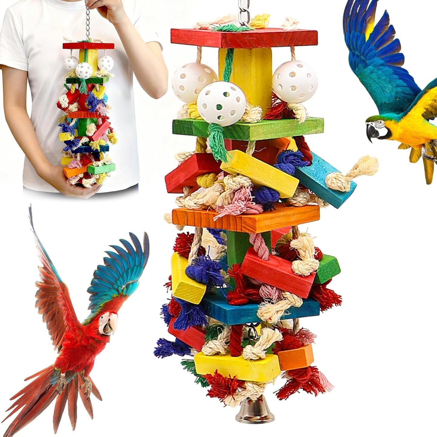 Interactive Parrot Toys for Large Birds, Cockatoo, Cockatiel, and Parakeet Toys, Original Wooden and Natural Material, Fun Durable and Eco-Friendly Bird Cage Toy