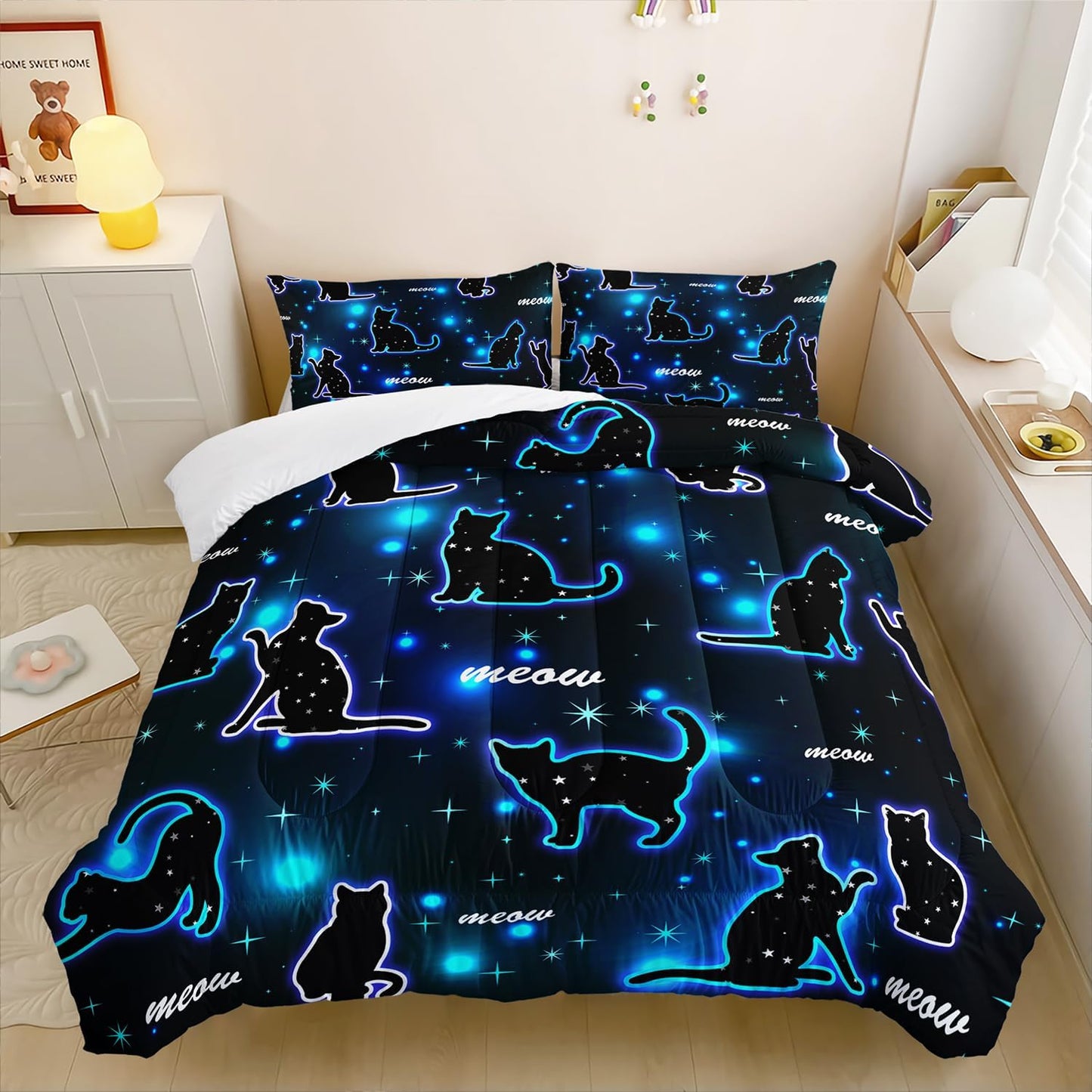 Kawaii Pet Cat Comforter 3Pcs Full Gradient Line Cute Kitten Animal Bedding Set for Kids Teens Girls Boys Cat Glitter Polka Dots Pattern Quilt Bed Decor with 1 Comforter and 2 Pillowcases