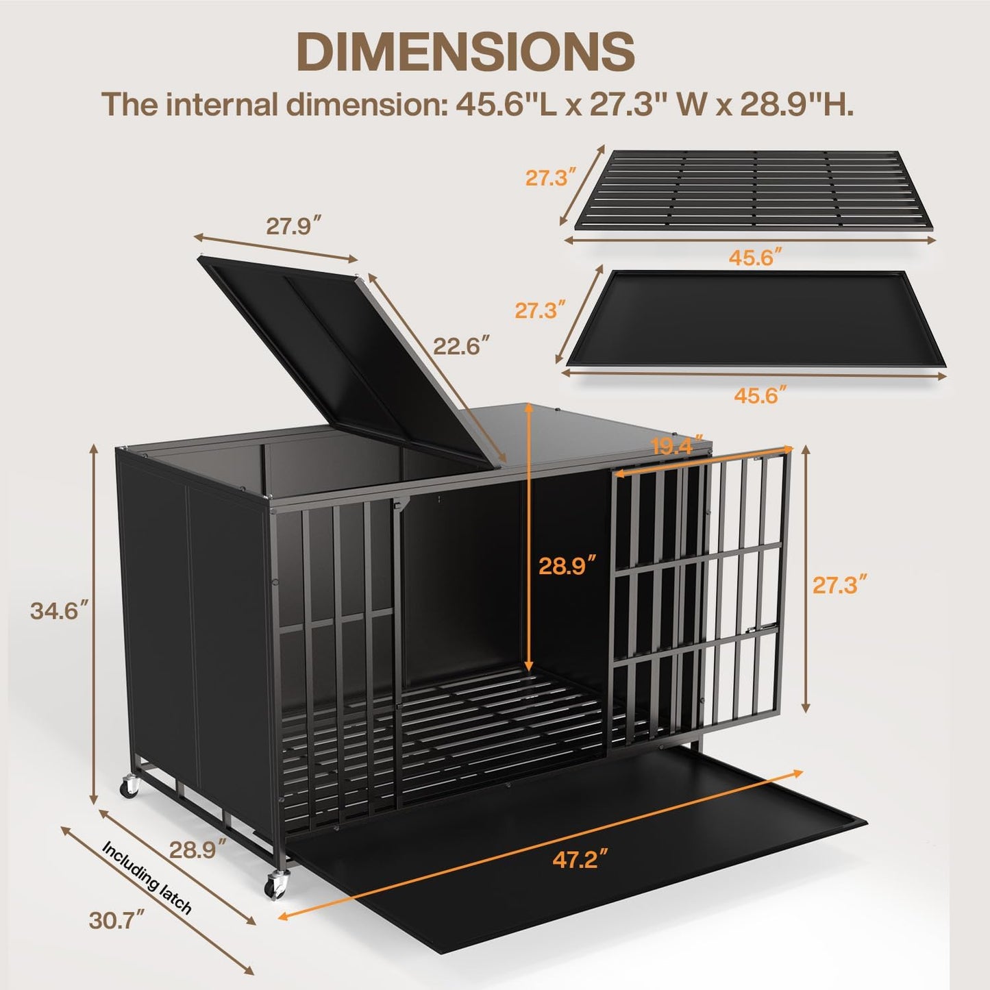 LEMBERI 48/42 inch Heavy Duty Indestructible Dog Crate, High Anxiety Extra Large Dog Cage for Large Dogs, XL Steel Escape Proof Dog Kennel with Wheels and Removable Tray (Black, 47.2*30.7*34.6 inch)