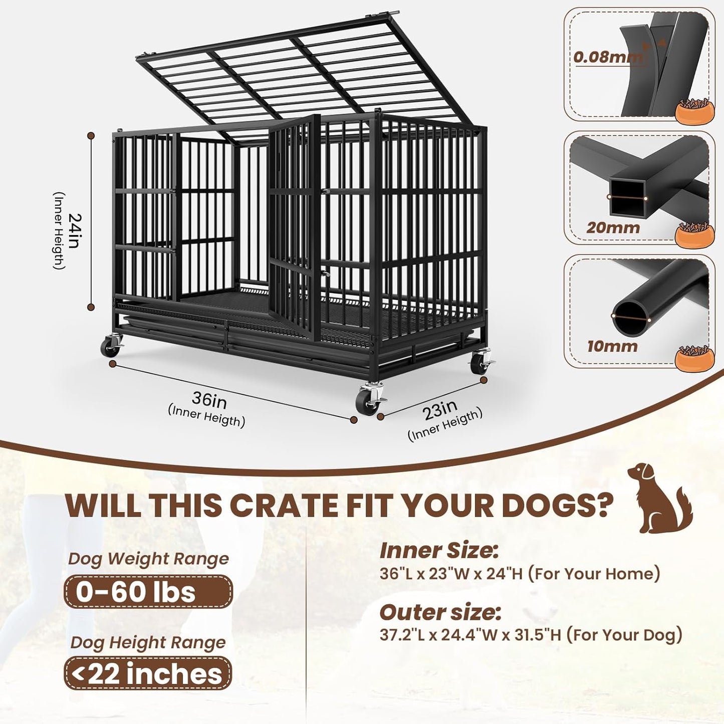 LEVELEVE 38 Inch Heavy Duty Indestructible Dog Crates for Large Dogs，Escape Proof Dog Cage Large Dogs with Lockable Wheels，Dog Kennel Furniture Indoor&Outside