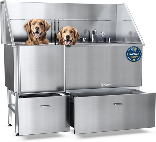 KANIS Professional Dog Washing Station - 304 Stainless Steel Pet Wash Sink & Grooming Bath Tub for Home with Ramp, Shower, Floor Grate, Storage Drawers, and Faucet for Large, Medium & Small Pets