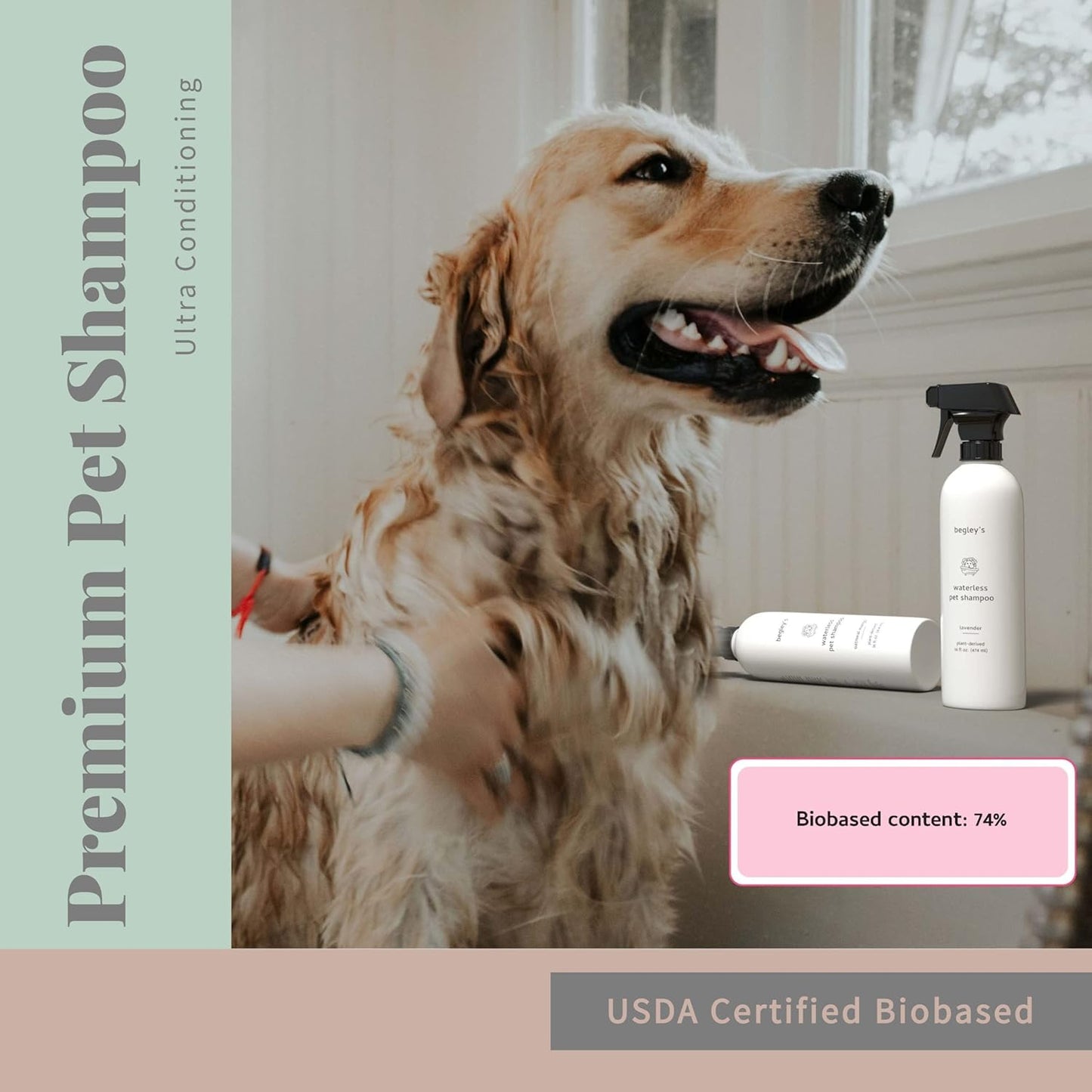 Begley's No Rinse Waterless Pet Shampoo, Bathless Cleaning, Deodorizing, and Odor Removal for a Shiny, Fresh Smelling Coat - Effective for Dogs, Puppies, and Cats - Fresh Tea Tree Scent