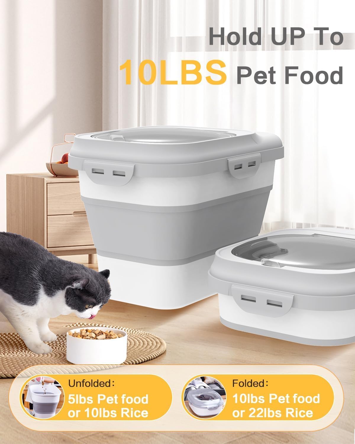 ANVS 2 Pack Dog Food Storage Container - Collapsible Cat Food Container with Airtight Lids, and Scoop,Dry Food For Dog, Cat and Other Pet Food (Grey, 10 lbs)