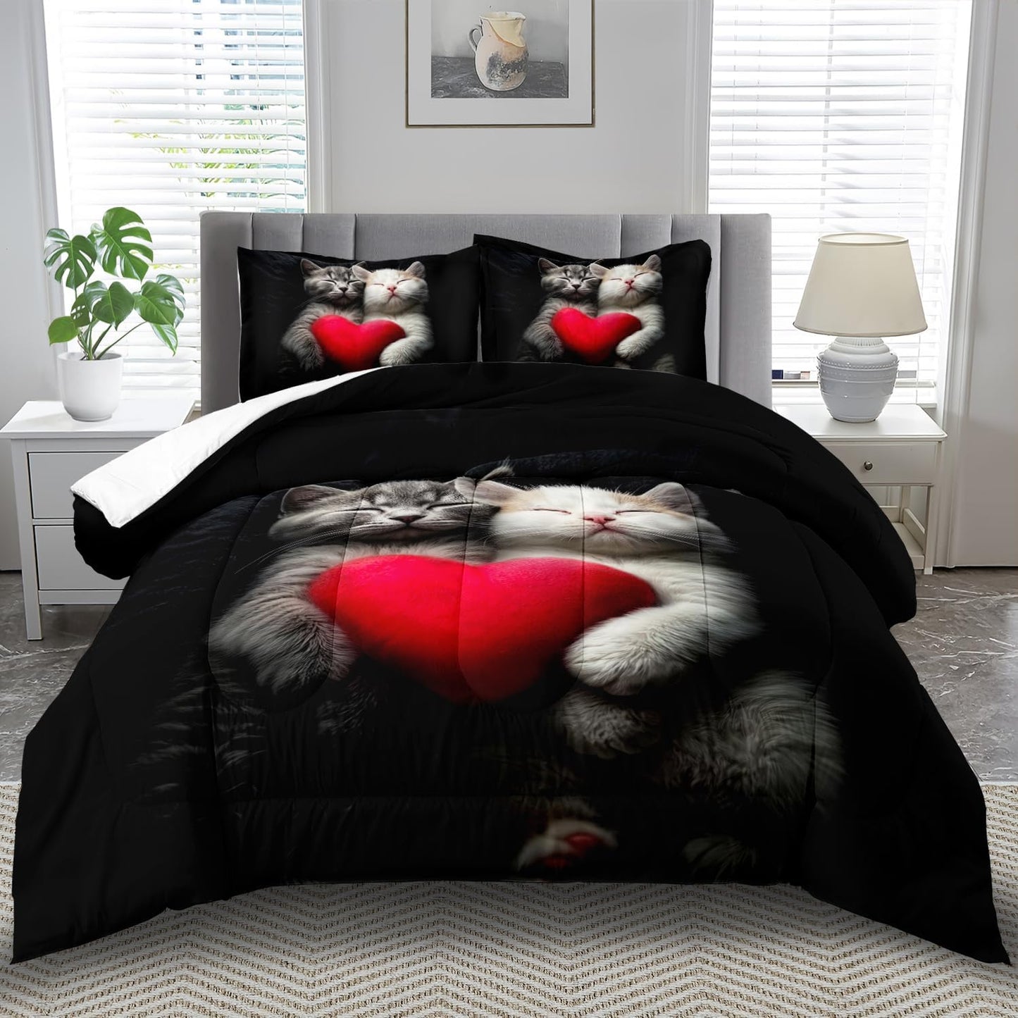 Cute Cat Comforter Set Full,Kawaii Cat Bedding Set for Girls,Cute Animal Comforter Red Love Heart Bedding Decor,Kawaii Farm Animal Quilt Patterns Kids and Adults