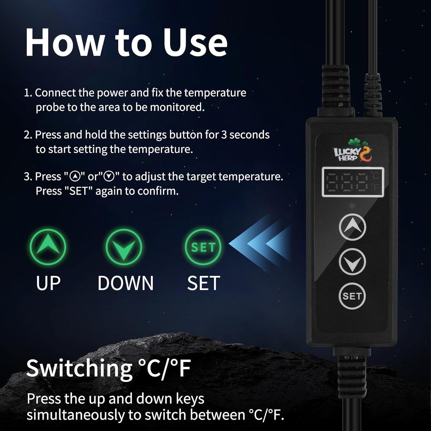 LUCKY HERP Reptile Dimming Thermostat, PID Heat Lamp Temperature Controller with LED Digital Screen, Terrarium Thermostat for Reptile Heat Lamp Heat Mat & Heaters, Support ℉/℃, Memory Function