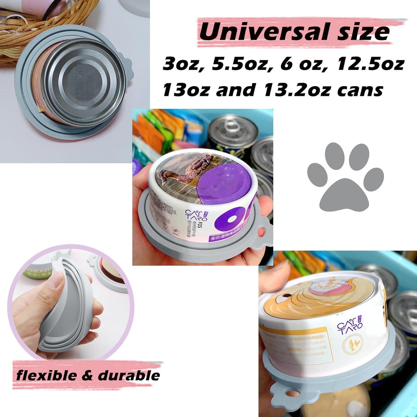 Pet Food Can Spoon & 3 Pcs Can Covers | Cute Paw Shape Opener Spatula Cat Wet Food Spoon | Universal BPA Free Silicone Can Lids & Spoon for Dog Cat Cans(Grey)