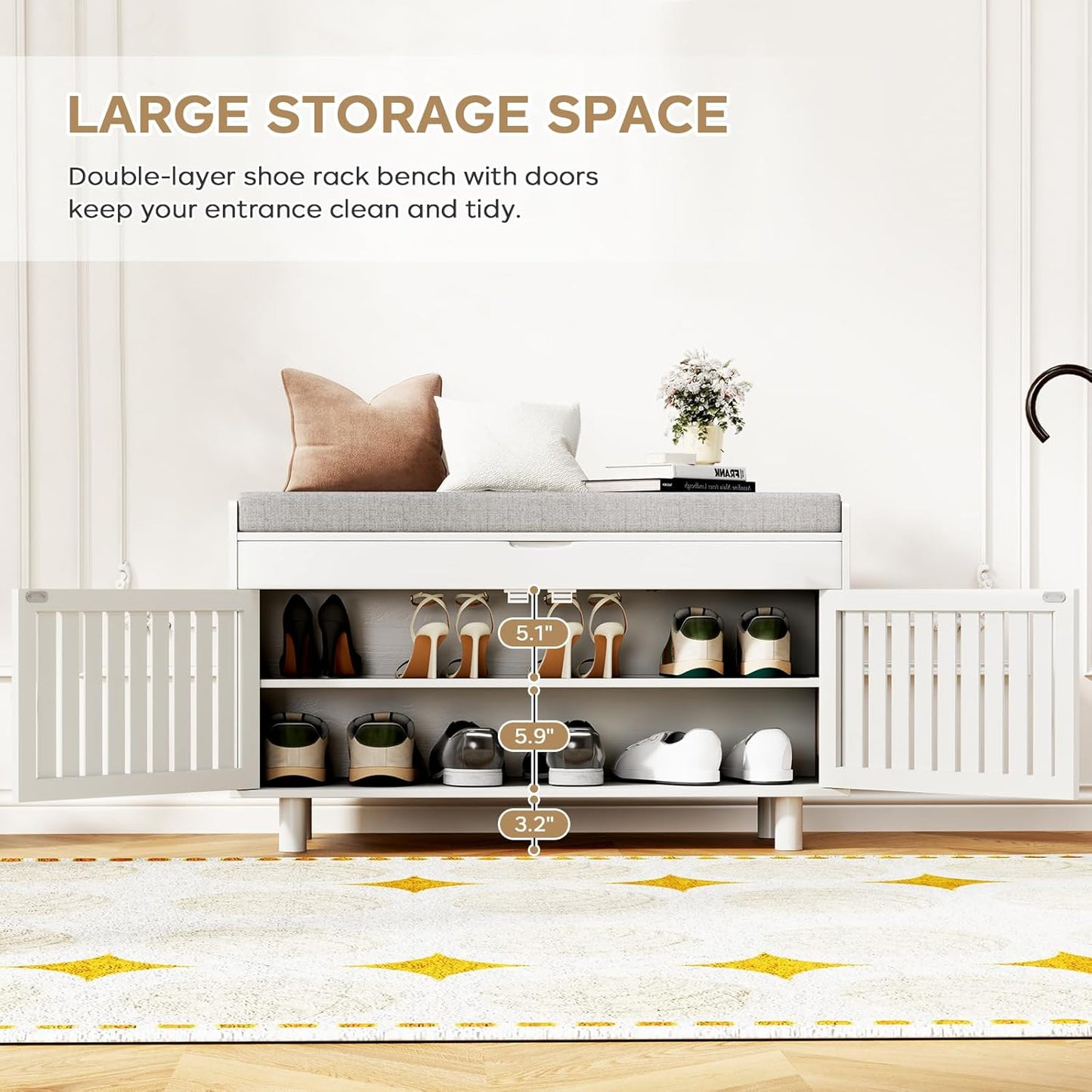 Storage Bench, Bamboo Shoe Bench with Padded Seat Cushion & 2 Doors, 2-Tier Entryway Bench with Lift Top Hidden Storage, 35.4" W x 12.6" D x 19.7" H, Shoe Rack Cabinet for Entryway, Living Room, White