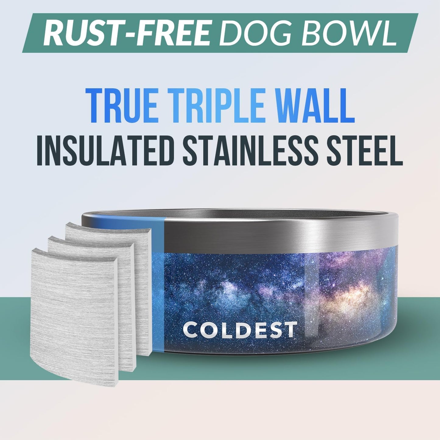 Coldest Dog Bowl - Anti Rust Metal, Non Slip, 3 Layers Insulated Stainless Steel Dog Bowls - Spill Proof & Heavy Duty - Water Bowl for Dogs, Cats & Pets, Dish Washer Safe (64 oz, Into The Beyond)