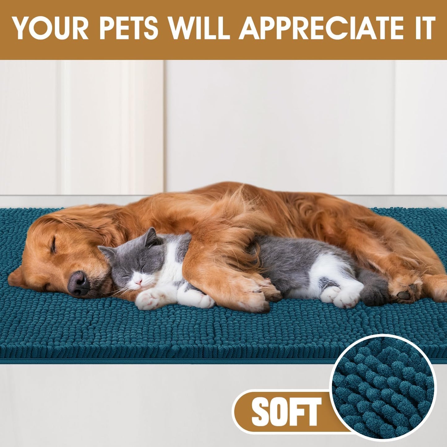 Dog Door Mats for Muddy Paws, Chenille Absorbent Door Mats, Non Slip Heavy Mud Mat for Dogs, Soft Indoor Door Mat for Entryway, Mud Paws, Inside Floor,30" X 20", Teal Blue