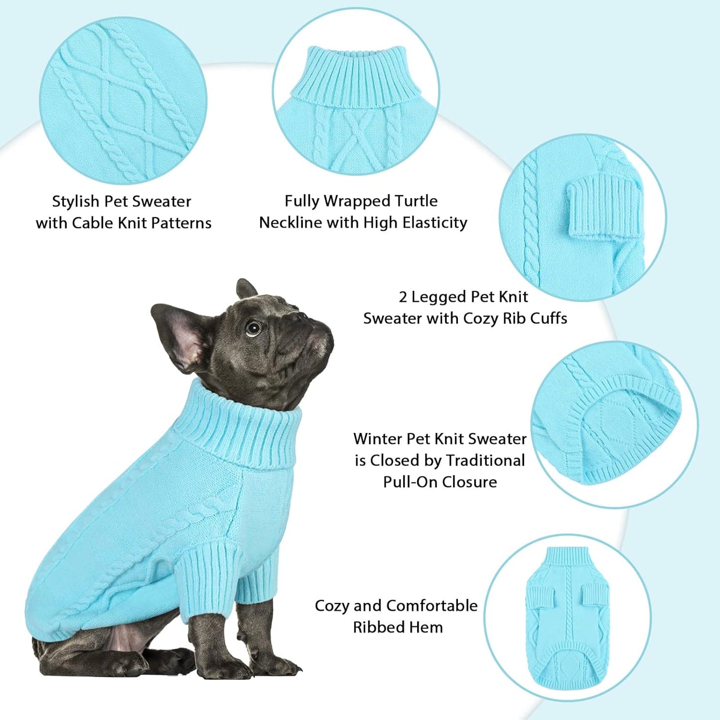 Queenmore Small Dog Pullover Sweater, Cold Weather Cable Knitwear, Classic Turtleneck Thick Warm Clothes for Chihuahua, Bulldog, Dachshund, Pug (Sky Blue, Medium)