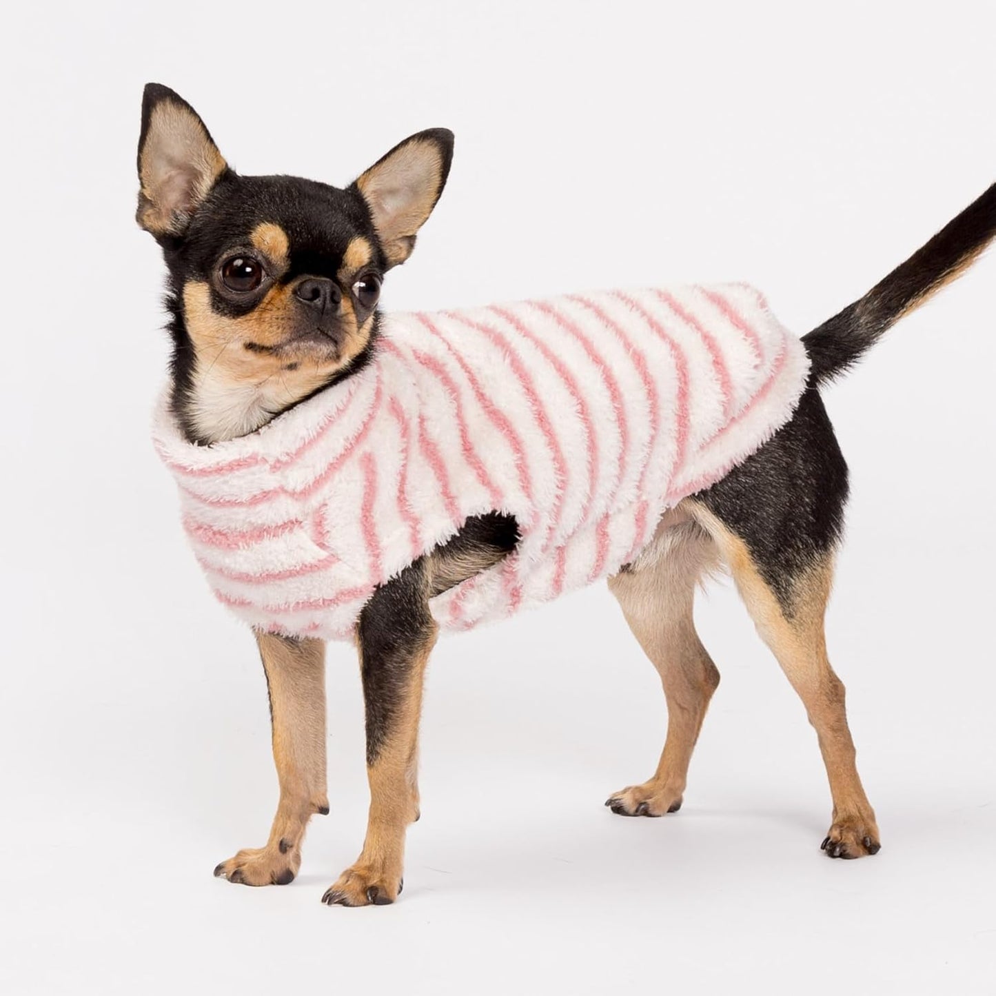 Fitwarm 2 Pack Striped Fleece Dog Sweater, Warm Winter Dog Clothes for Small Dogs Girl, Fuzzy Turtleneck Pet Outfit, Doggy Pullover Jumper, Rose Pink, White, Light Pink, Small